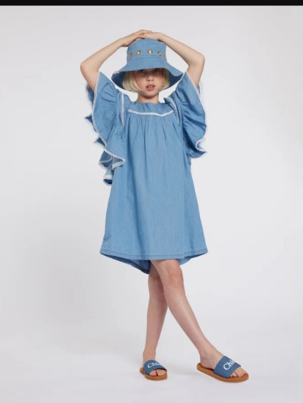 CHLOE girls' denim chambray ruffle sleeve dress